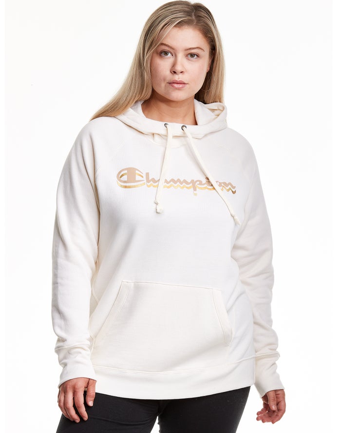 Sudadera Con Capucha Champion Mujer - Plus Powerblend Fleece Drop Shadow Foil Script Logo ( Blancas